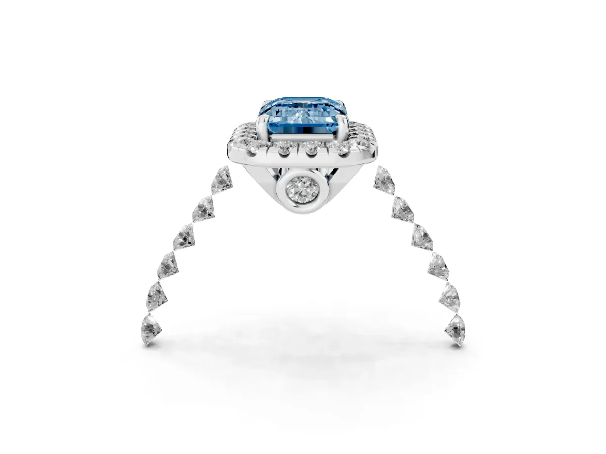 Fancy Blue Emerald Cut Halo Pavé Diamond Engagement Ring with Four-Prong Setting Silver