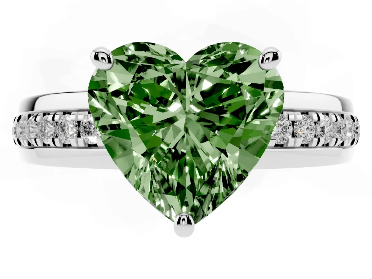 Fancy Green Heart Cut Solitaire Diamond Ring with Channel Set Band and Six-Prong Setting Silver