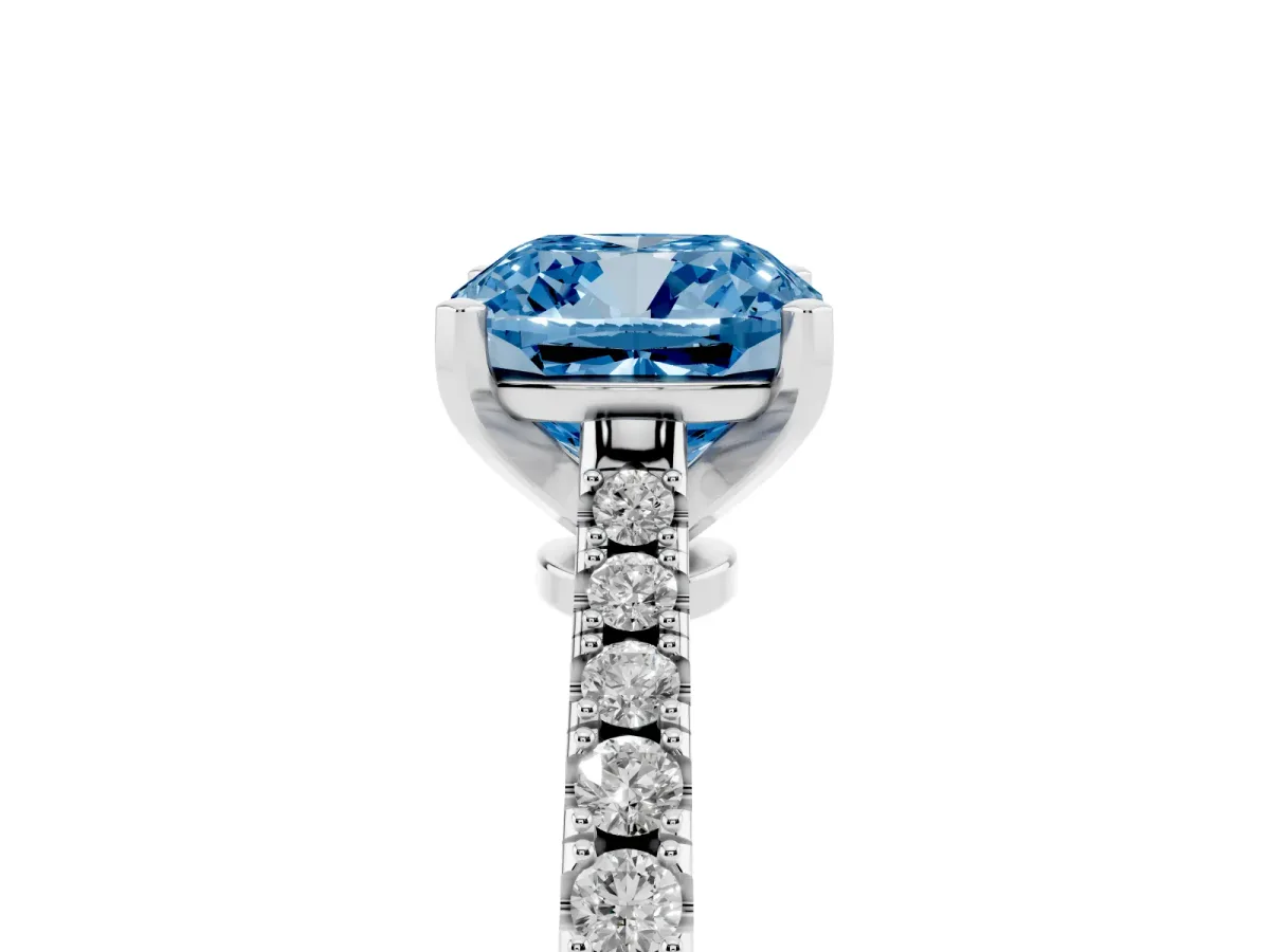 Fancy Blue Cushion Cut Cut Solitaire Diamond Engagement Ring with Pave Band and Four-Prong Setting Platinum