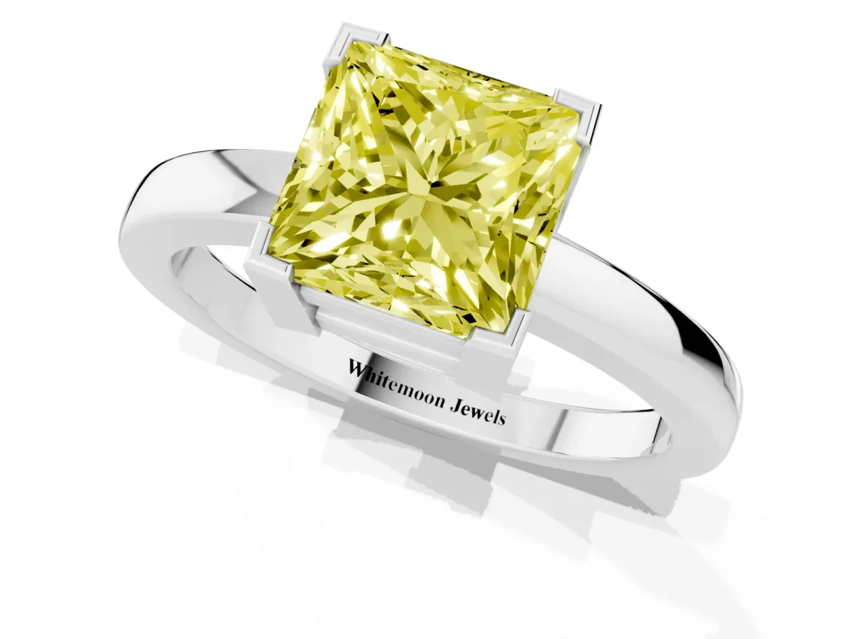 Fancy Yellow Princess Cut Cut Solitaire Ring with Four-Prong Setting and Classic Band Silver
