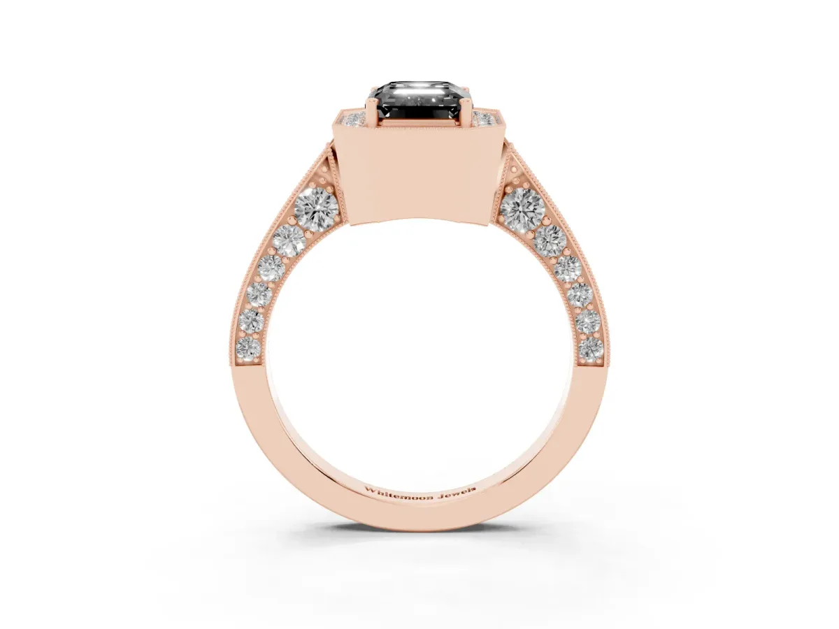 Fancy Black Emerald Cut Halo Diamond Engagement Ring with Split Shank Band and Four-Prong Setting Rose gold