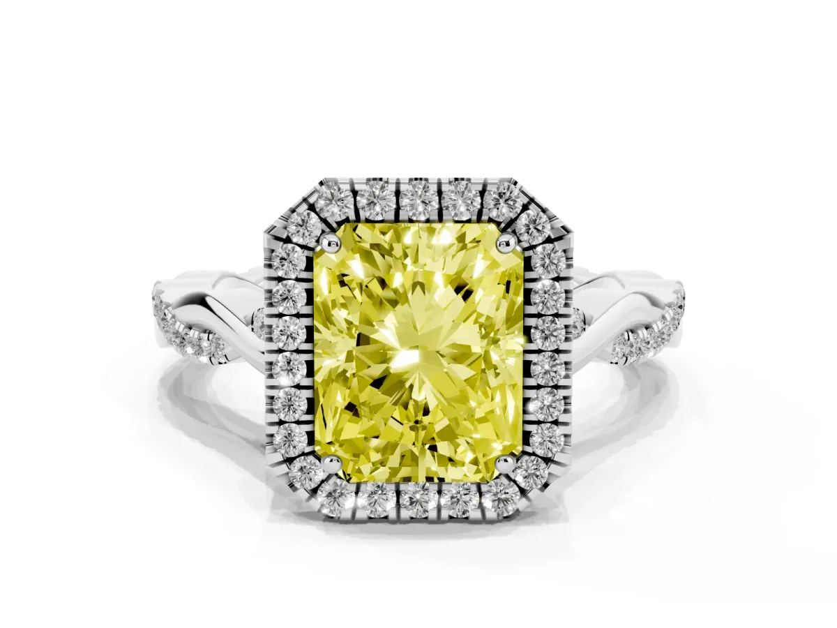Fancy Yellow Radiant Cut Halo Twist Band Solitaire Ring Silver