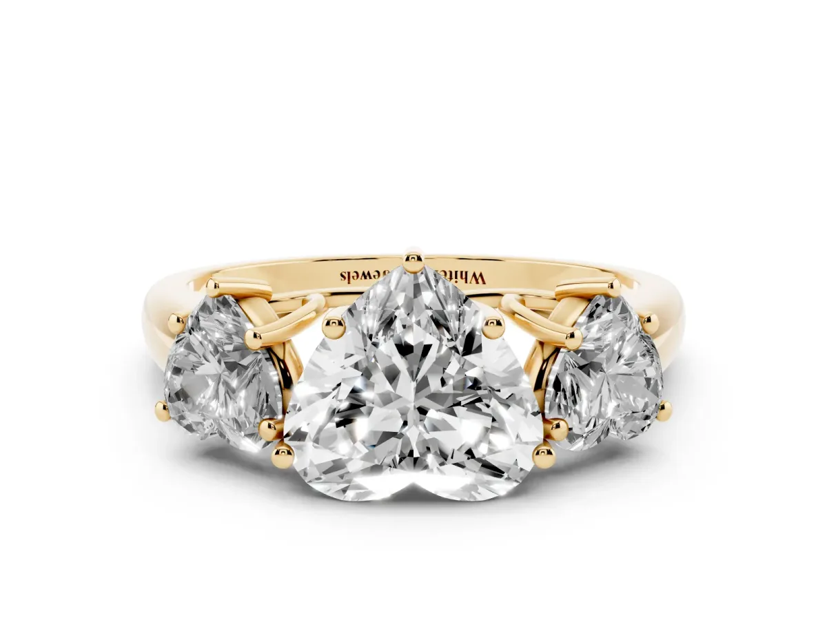 Three-Stone Heart Cut Diamond Engagement Ring with Prong Setting Yellow gold