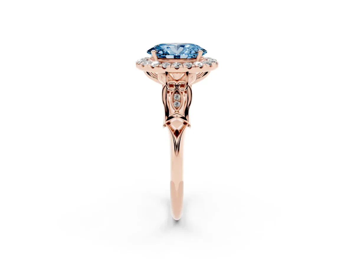 Fancy Blue Oval Cut Halo Diamond Engagement Ring with Filigree Band and Four-Prong Setting Rose gold