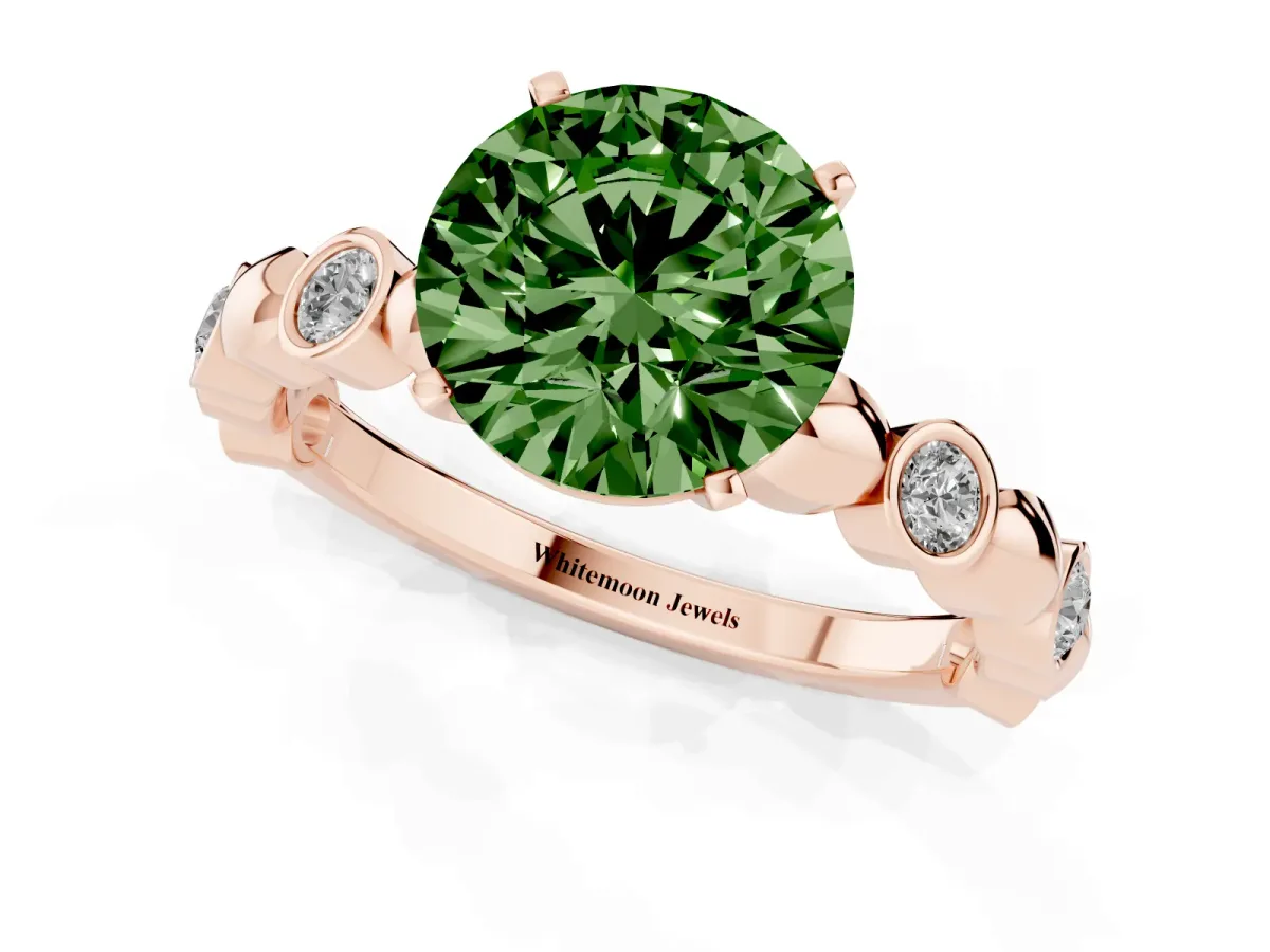 Fancy Green Round Cut Solitaire Bezel-Set Diamond Ring with Beaded Band and Four-Prong Setting Rose gold