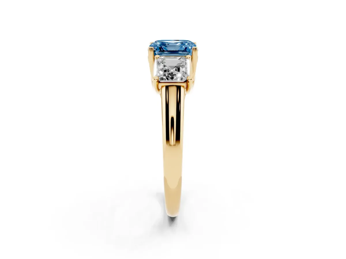 Fancy Blue Three-Stone Asscher Cut Diamond Engagement Ring with Prong Setting Yellow gold