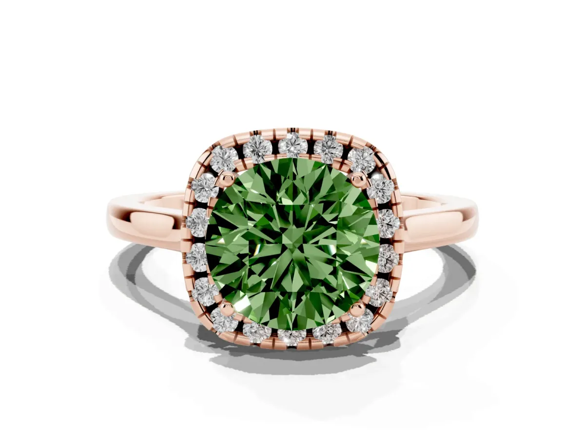Fancy Green Round Cut Halo Round Diamond Solitaire Ring with Pavé Band and Four-Prong Setting Rose gold