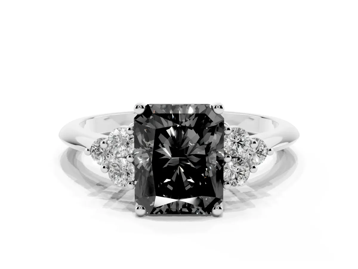 Fancy Black Radiant Cut Cut Diamond Cluster Ring with Solitaire Band and Four-Prong Setting Silver