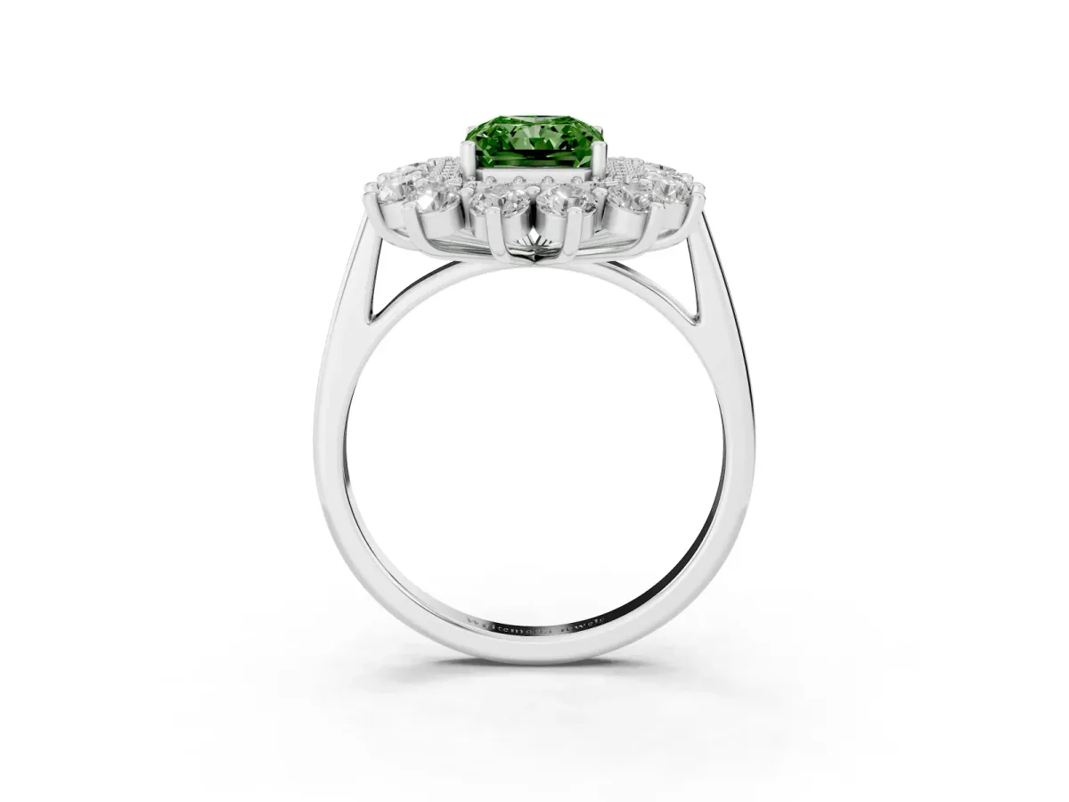 Fancy Green Radiant Cut Diamond Floral Double Halo Engagement Ring with Prong Setting Platinum