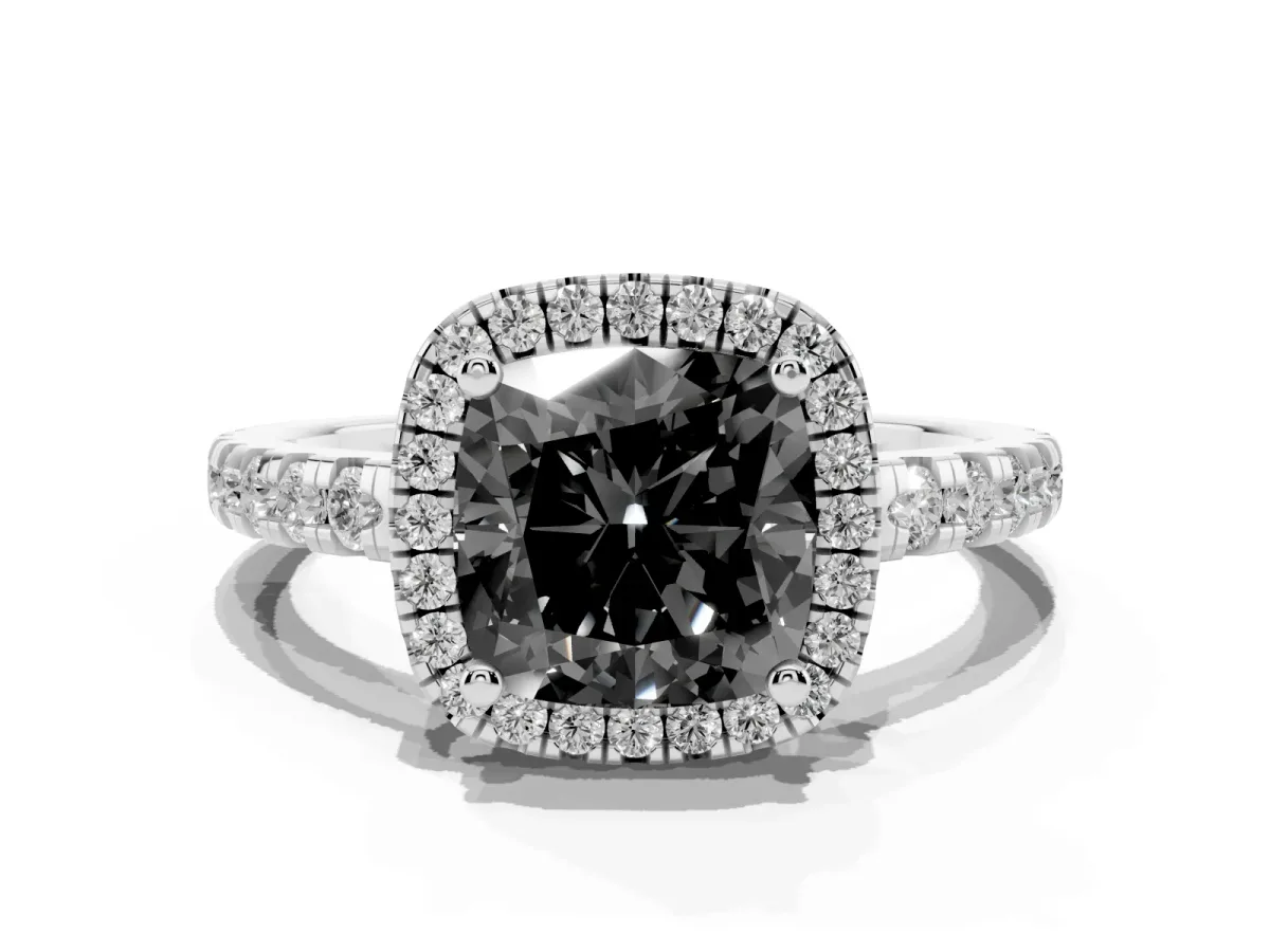 Fancy Black Cushion Cut Diamond Halo Ring with Pavé Band and Four-Prong Setting Platinum