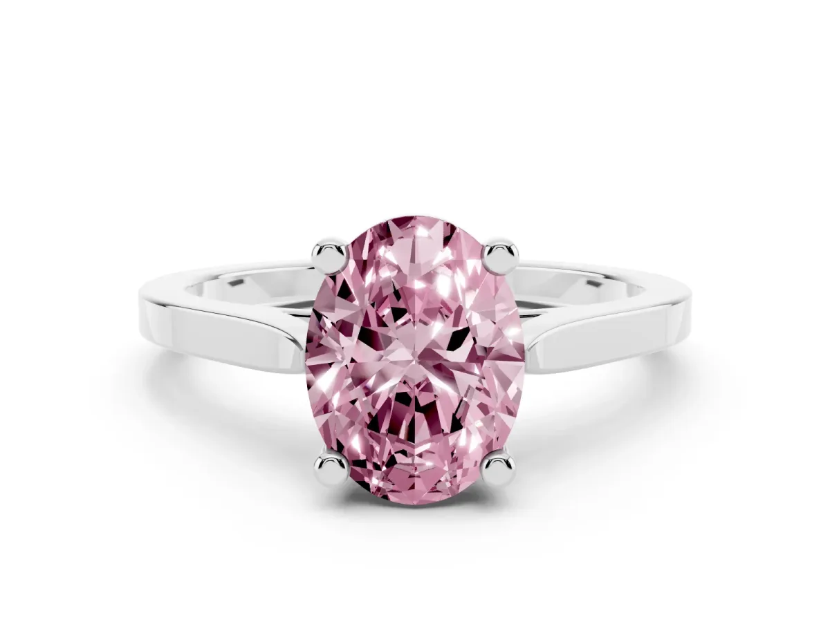 Fancy Pink Oval Cut Solitaire Diamond Ring with Four-Prong Setting and Tapered Band Platinum