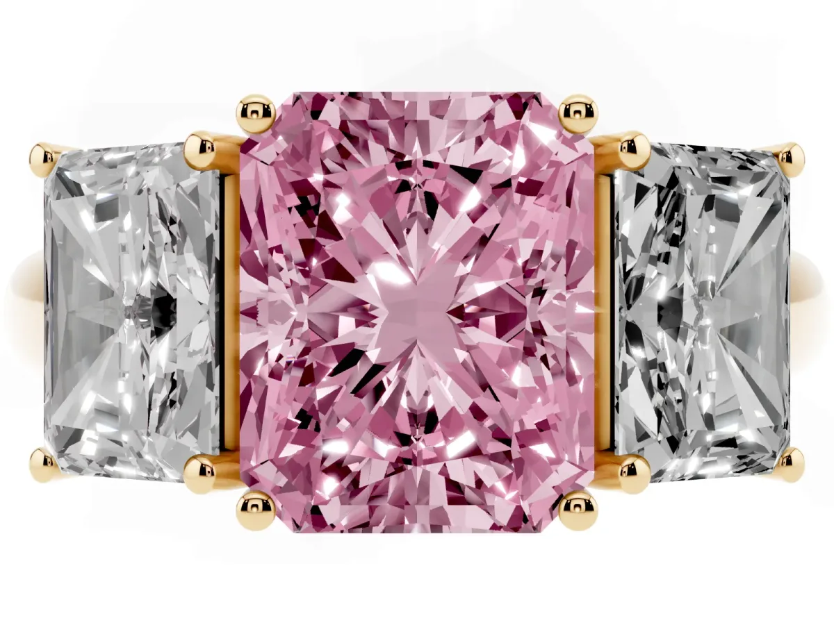Fancy Pink Three-Stone Radiant Cut Diamond Engagement Ring with Prong Setting Yellow gold