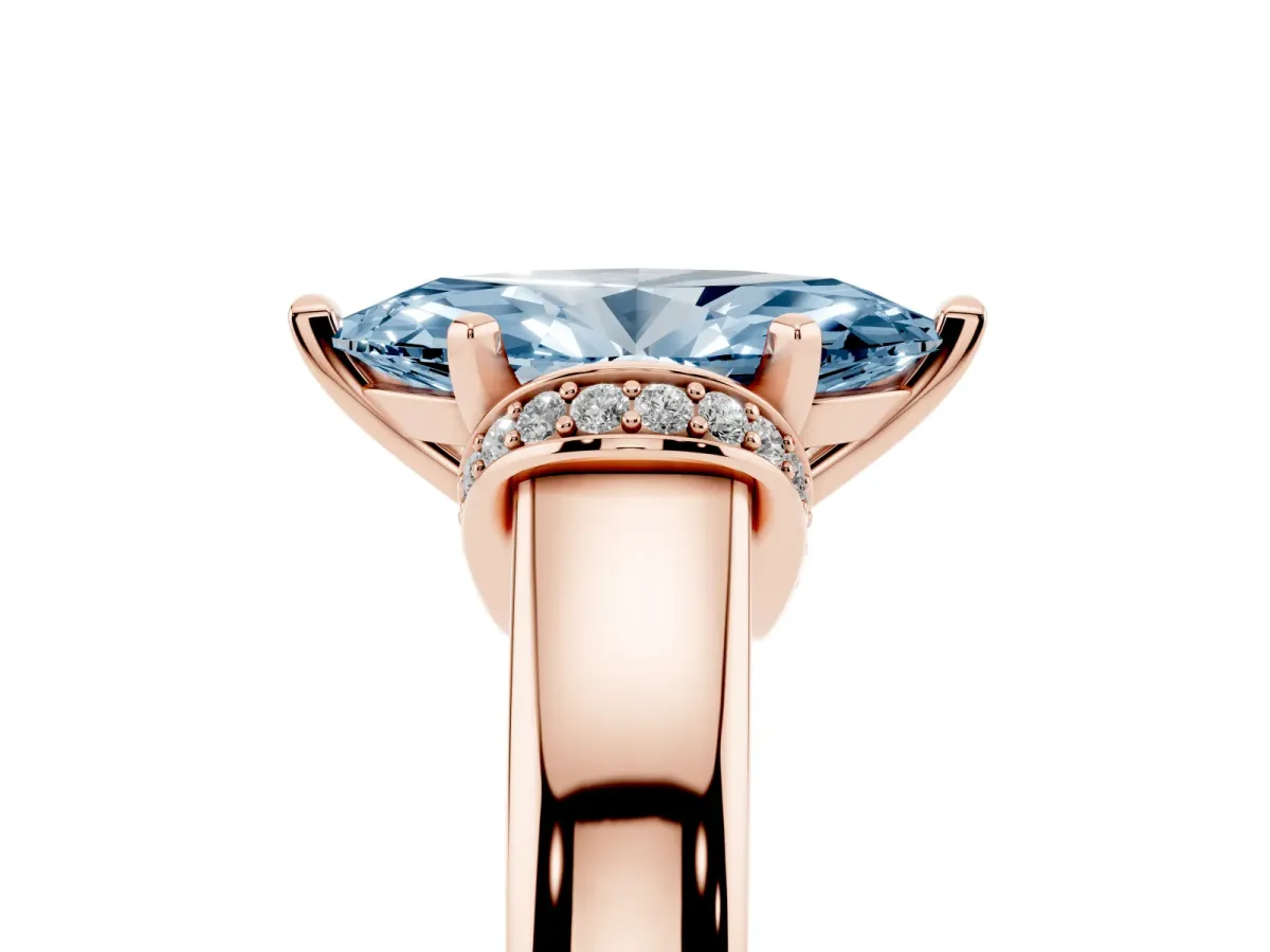Fancy Blue Marquise Cut Solitaire Diamond Ring with Pave Band and Six-Prong Setting Rose gold