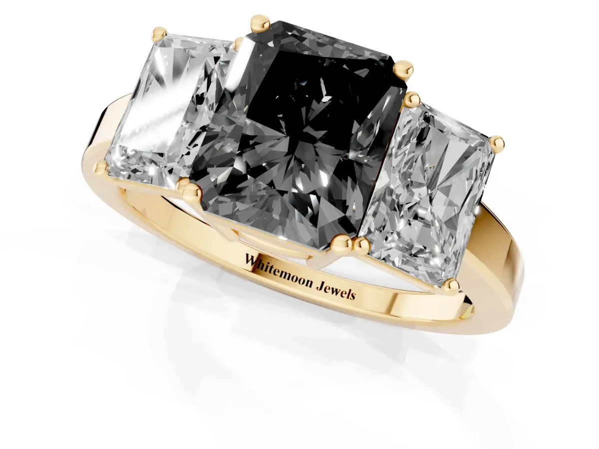 Fancy Black Three-Stone Radiant Cut Cut Diamond Engagement Ring with Flat Band and Four-Prong Setting Yellow gold