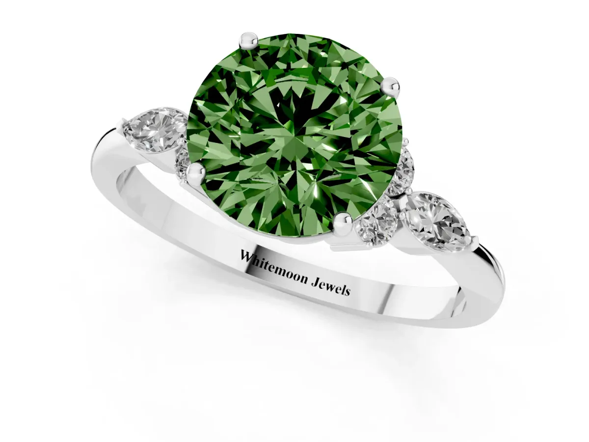 Fancy Green Round Cut Brilliant Diamond Solitaire Ring with Pear Side Stones and Four-Prong Setting Silver