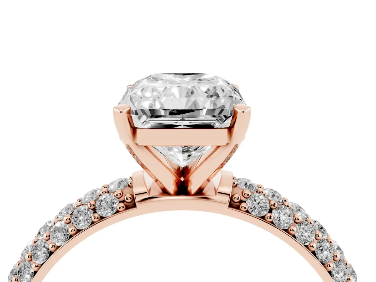 Radiant Cut Diamond Solitaire Ring with Prong Setting and Pavé Band Rose gold