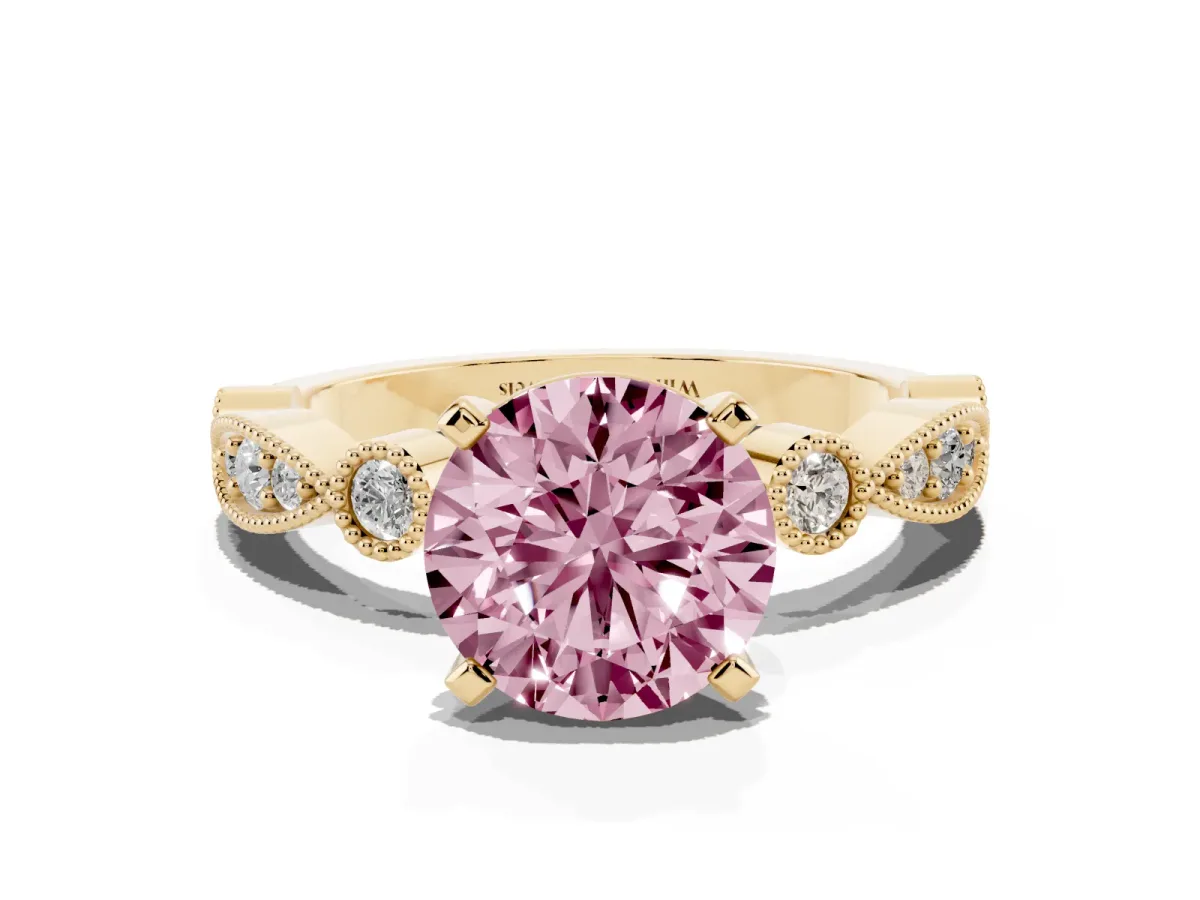 Fancy Pink Round Cut Milgrain Bezel Diamond Engagement Ring with Solitaire Prong Setting Yellow gold