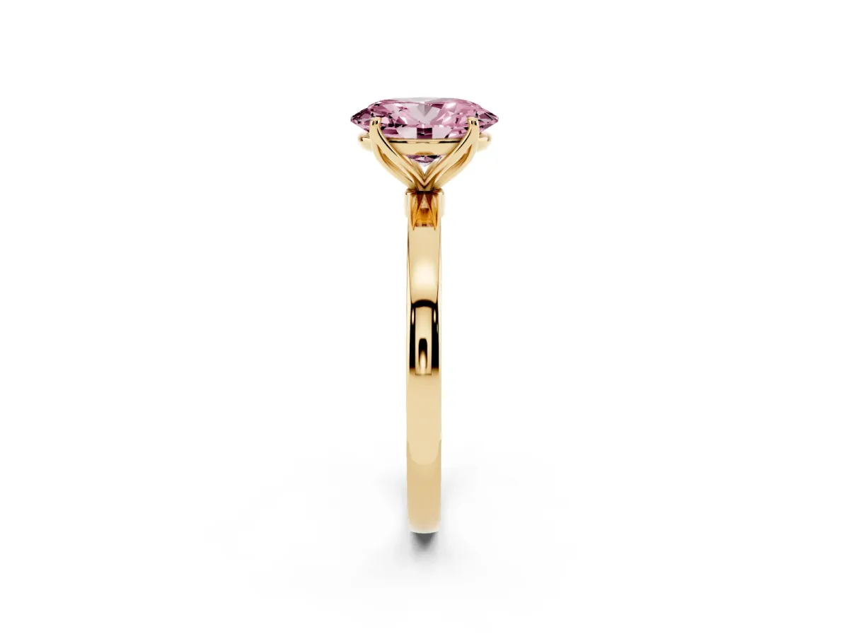 Fancy Pink Oval Cut Diamond Solitaire Ring with Thin Band and Prong Setting Yellow gold