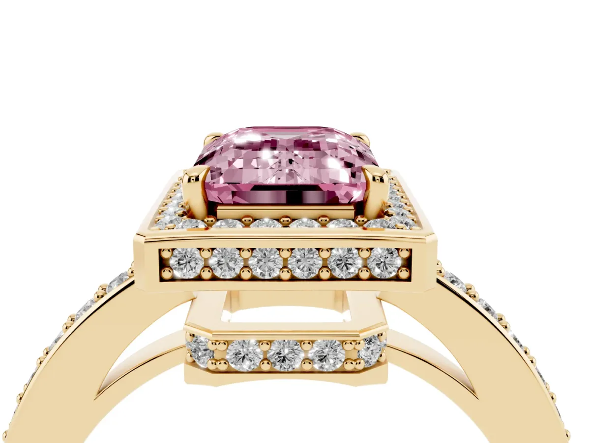 Fancy Pink Emerald Cut Halo Pave Band Solitaire Ring with Prong Setting Yellow gold
