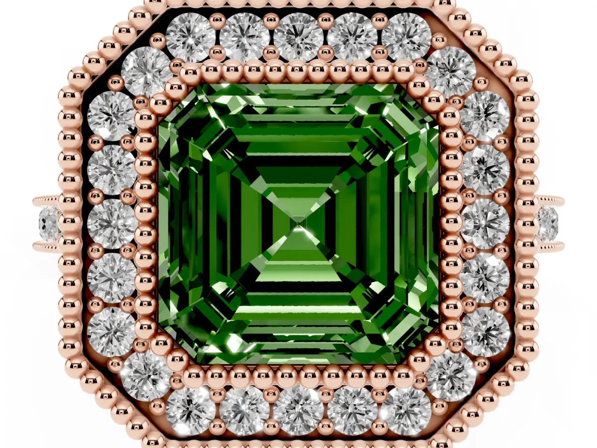 Fancy Green Asscher Cut Diamond Halo Ring with Milgrain Frame and Pavé Band Rose gold