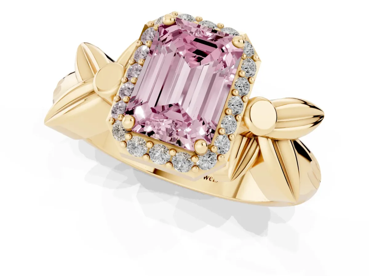Fancy Pink Emerald Cut Halo Diamond Floral Band with Four-Prong Setting Yellow gold