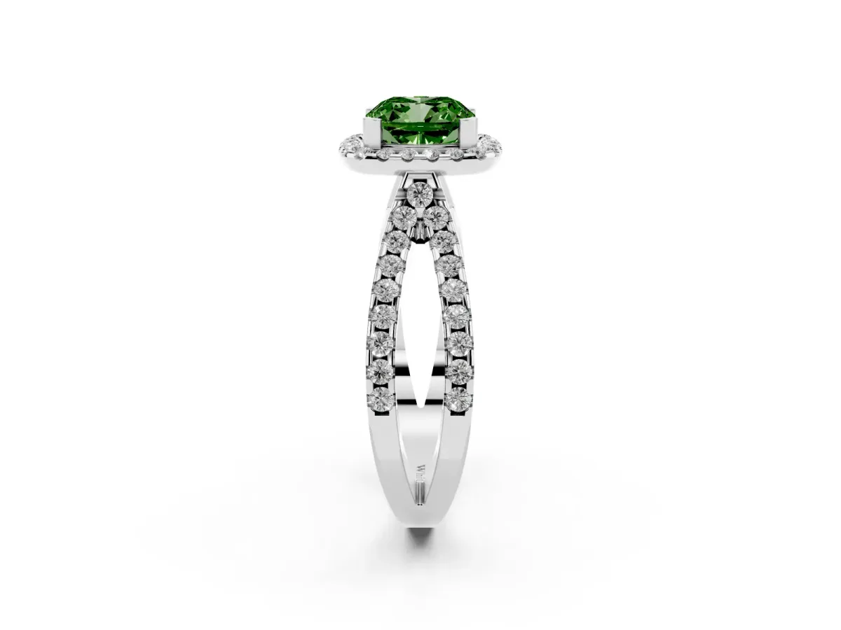 Fancy Green Cushion Cut Diamond Halo Ring with Split Shank Pavé Band and Prong Setting Platinum