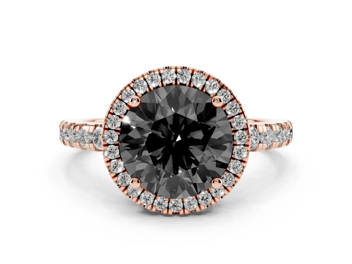 Fancy Black Round Cut Diamond Halo Ring with Pavé Band and Four-Prong Setting Rose gold