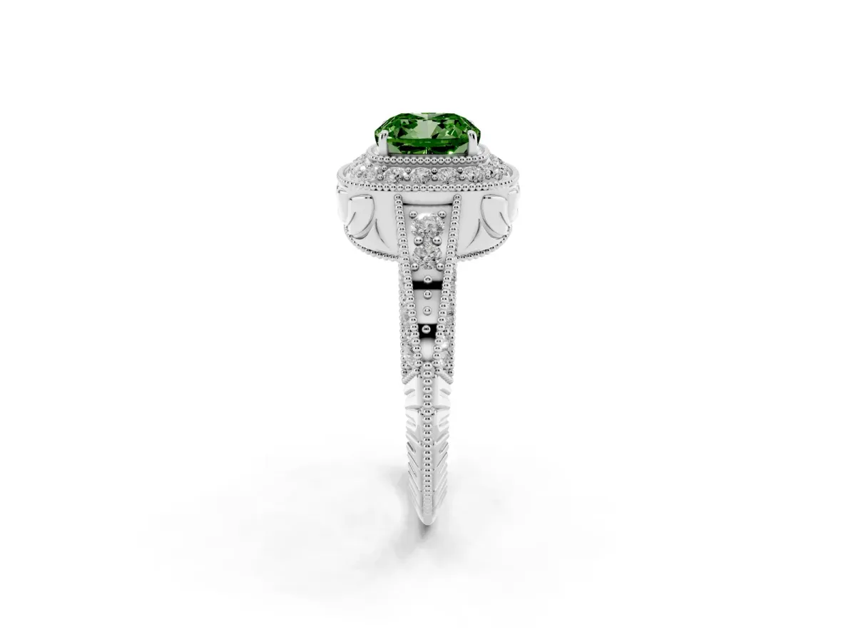 Fancy Green Cushion Cut Halo Diamond Split Shank Ring with Milgrain Detail Platinum