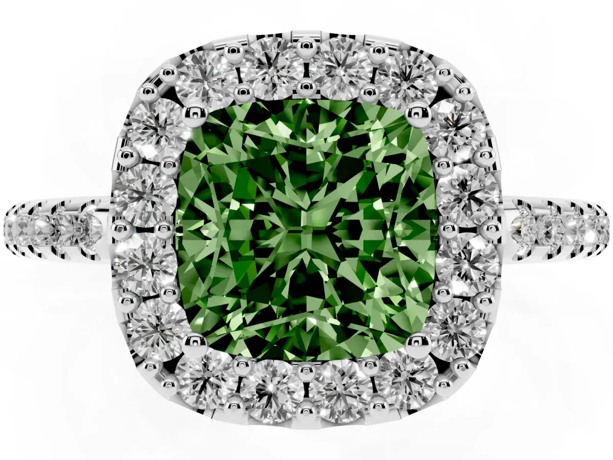 Fancy Green Cushion Cut Diamond Pavé Halo Ring with Four-Prong Setting Silver