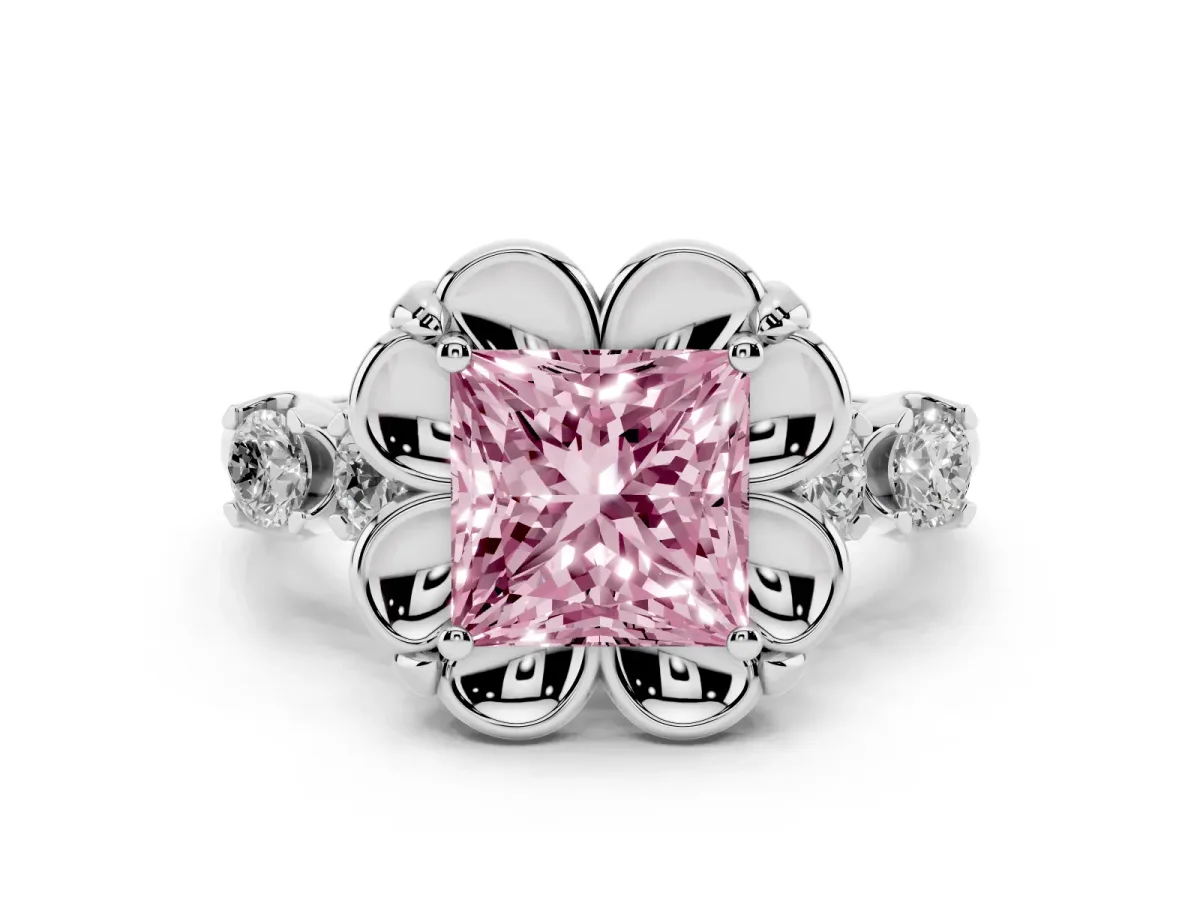 Fancy Pink Princess Cut Cut Diamond Floral Halo Engagement Ring with Shared Prong Setting Platinum
