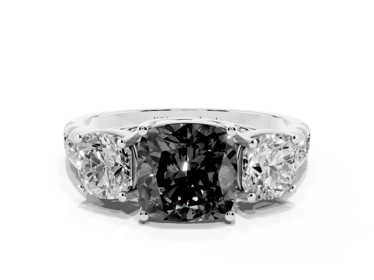 Fancy Black Three-Stone Cushion Cut Diamond Pavé Band with Prong Setting Platinum