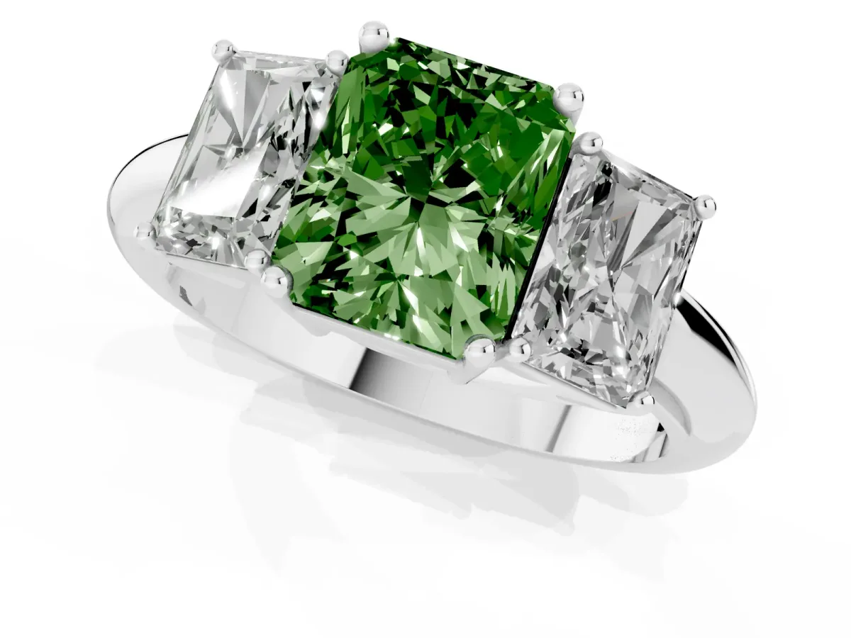 Fancy Green Three-Stone Radiant Cut Cut Diamond Engagement Ring with Prong Setting on a White Gold Band Silver