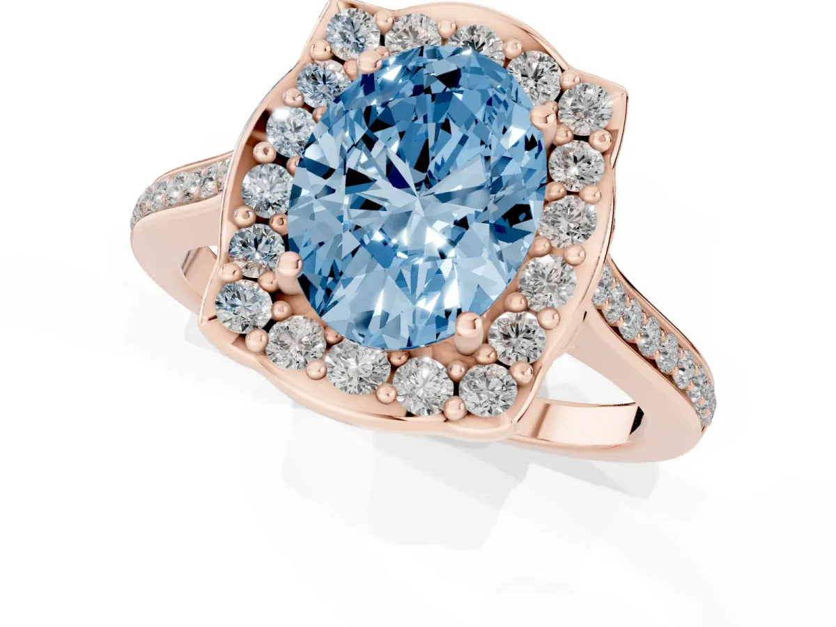 Fancy Blue Oval Cut Halo Round Diamond Pave Band with Four-Prong Setting Rose gold