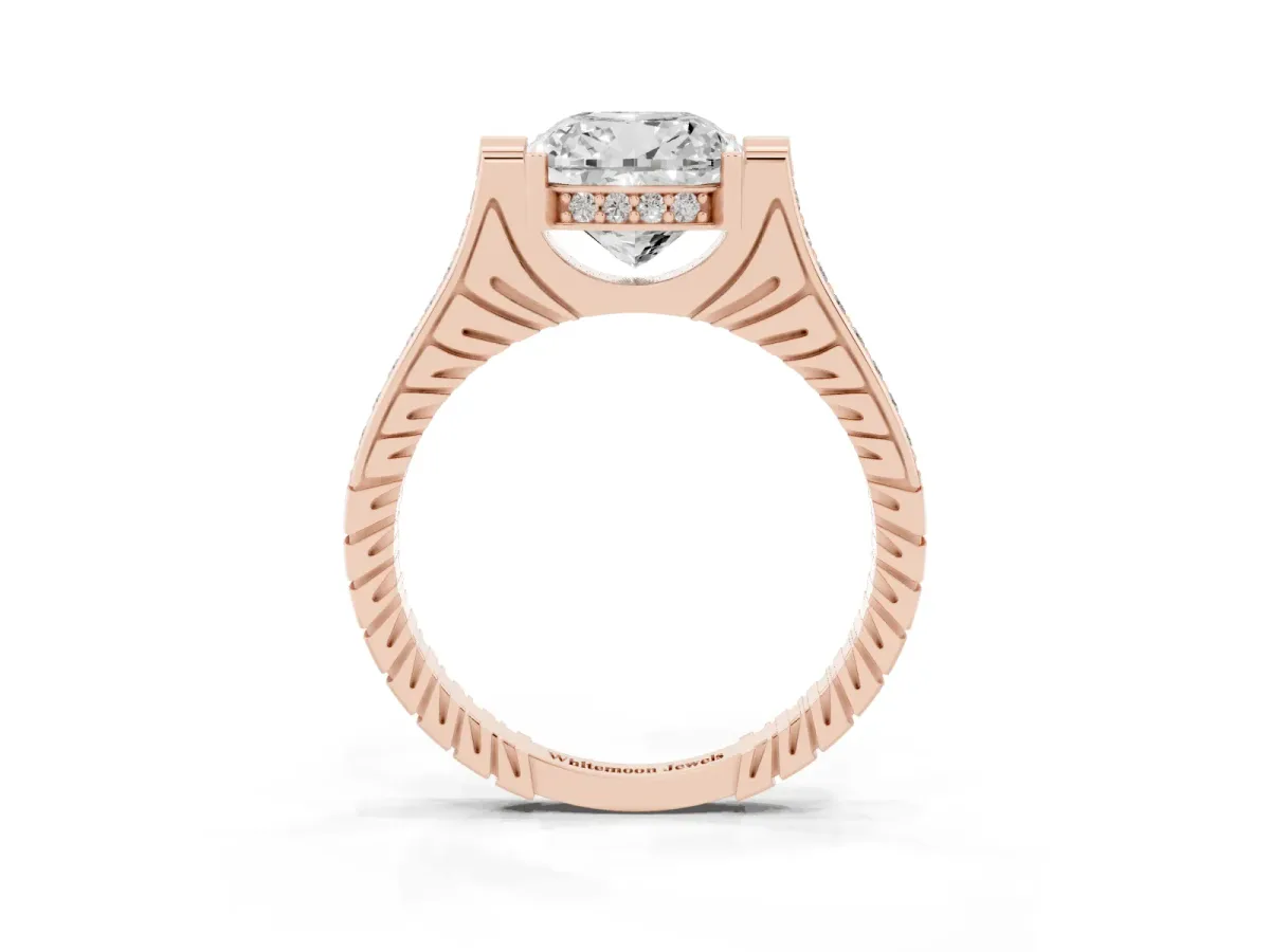 Cushion Cut Solitaire Diamond Ring with Channel Set Band and Bezel Prong Setting Rose gold