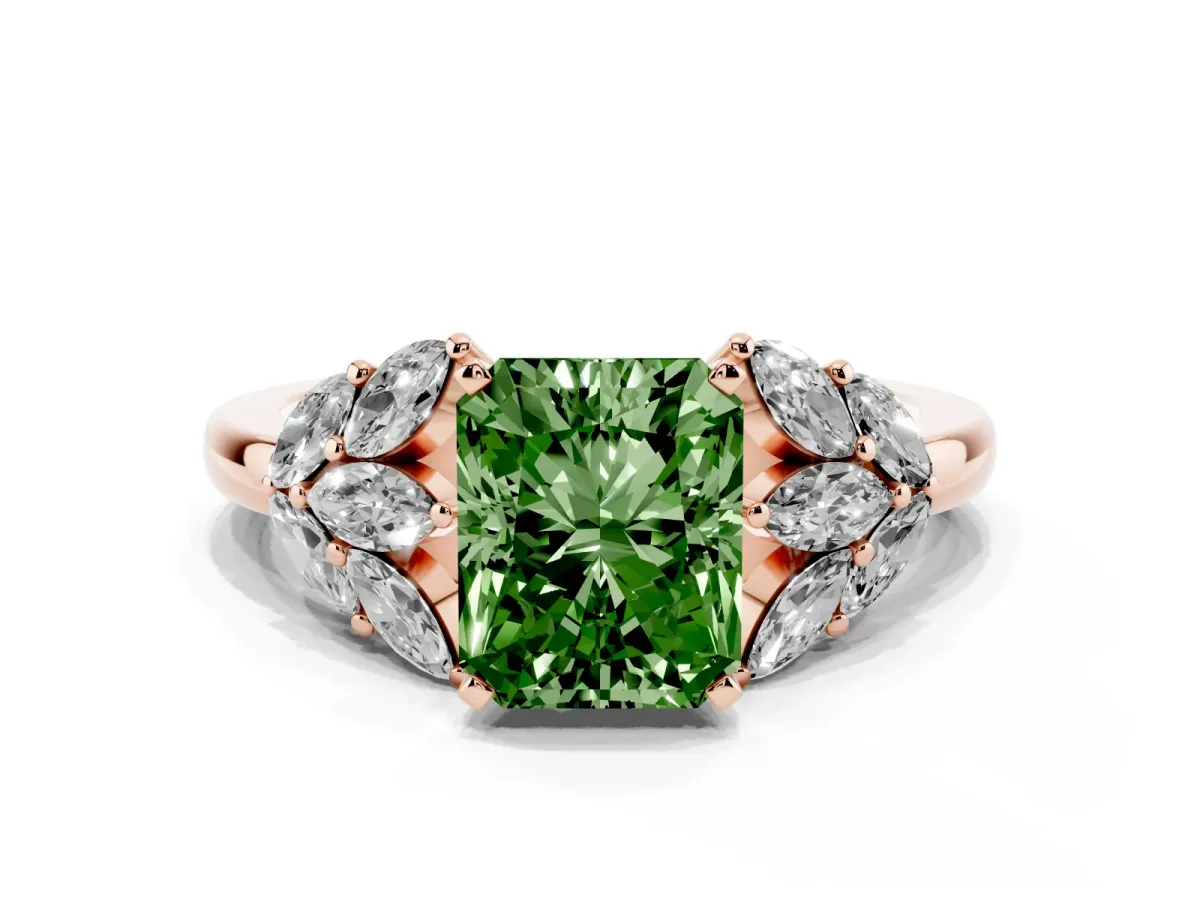 Fancy Green Radiant Cut Diamond Cluster Leaf Design Ring with Prong Setting Rose gold