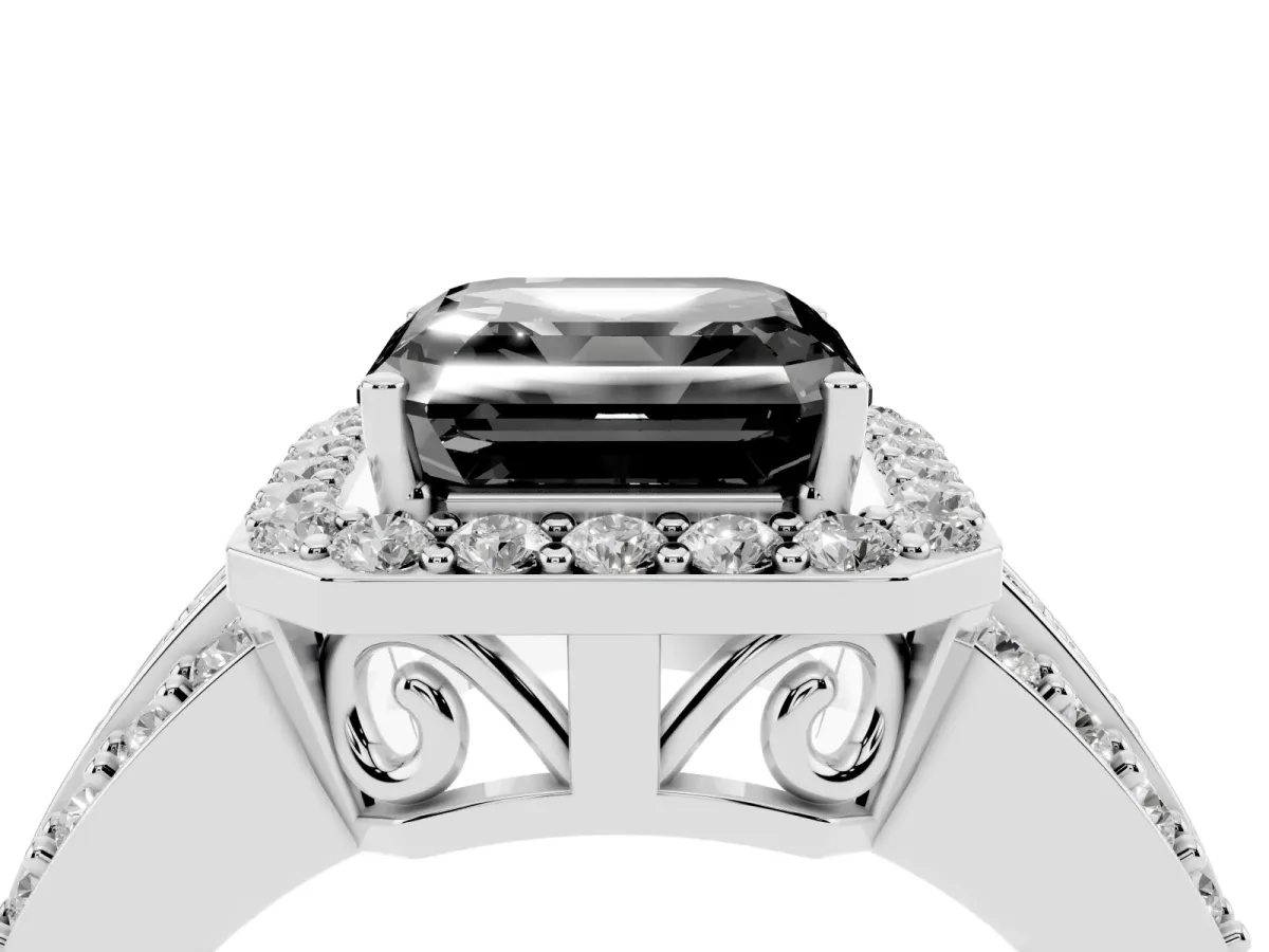 Fancy Black Asscher Cut Halo Diamond Ring with Round Split Shank and Prong Setting Platinum