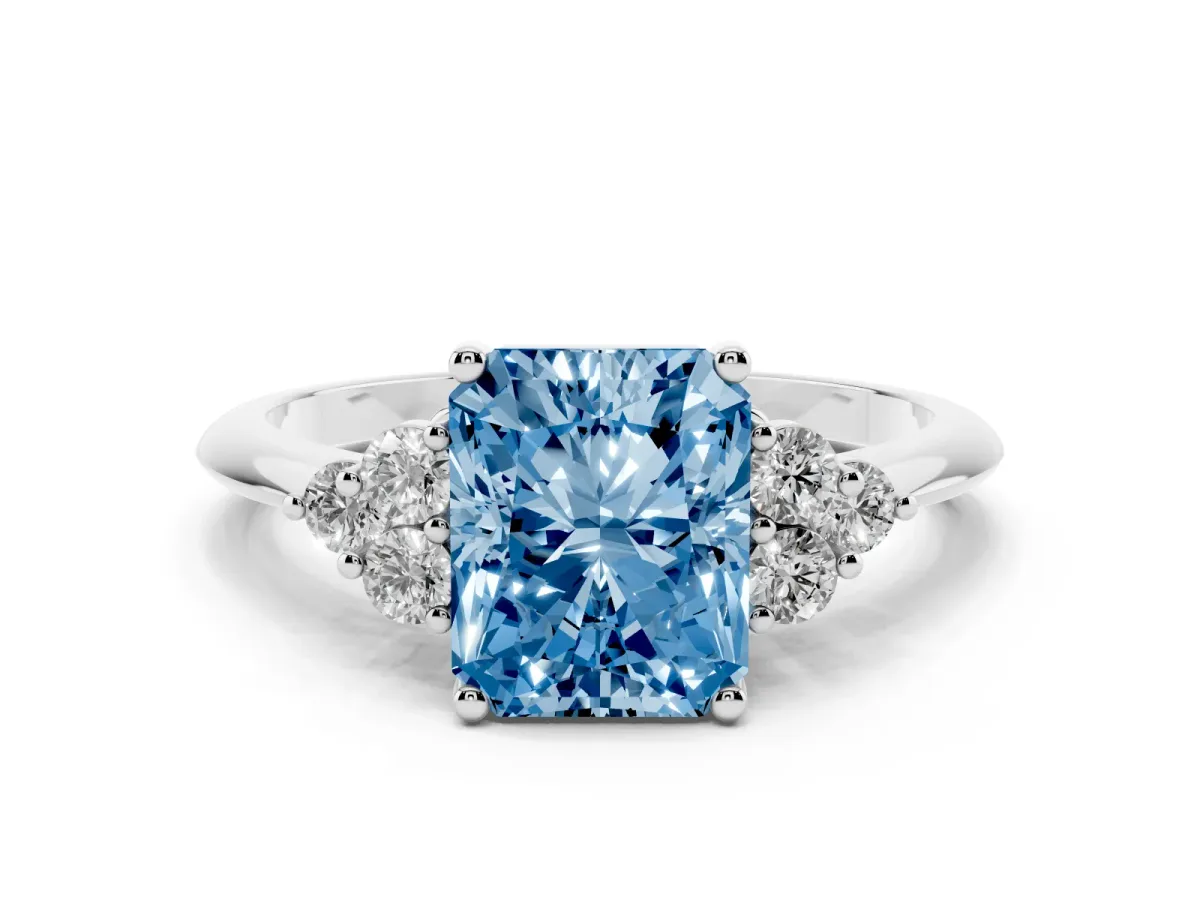 Fancy Blue Radiant Cut Cut Diamond Cluster Ring with Solitaire Band and Four-Prong Setting Silver