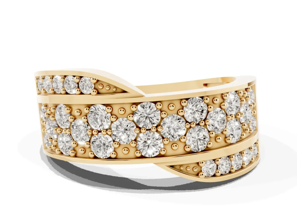 Pavé Round Diamond Crossover Band with Bead Prong Setting Yellow gold