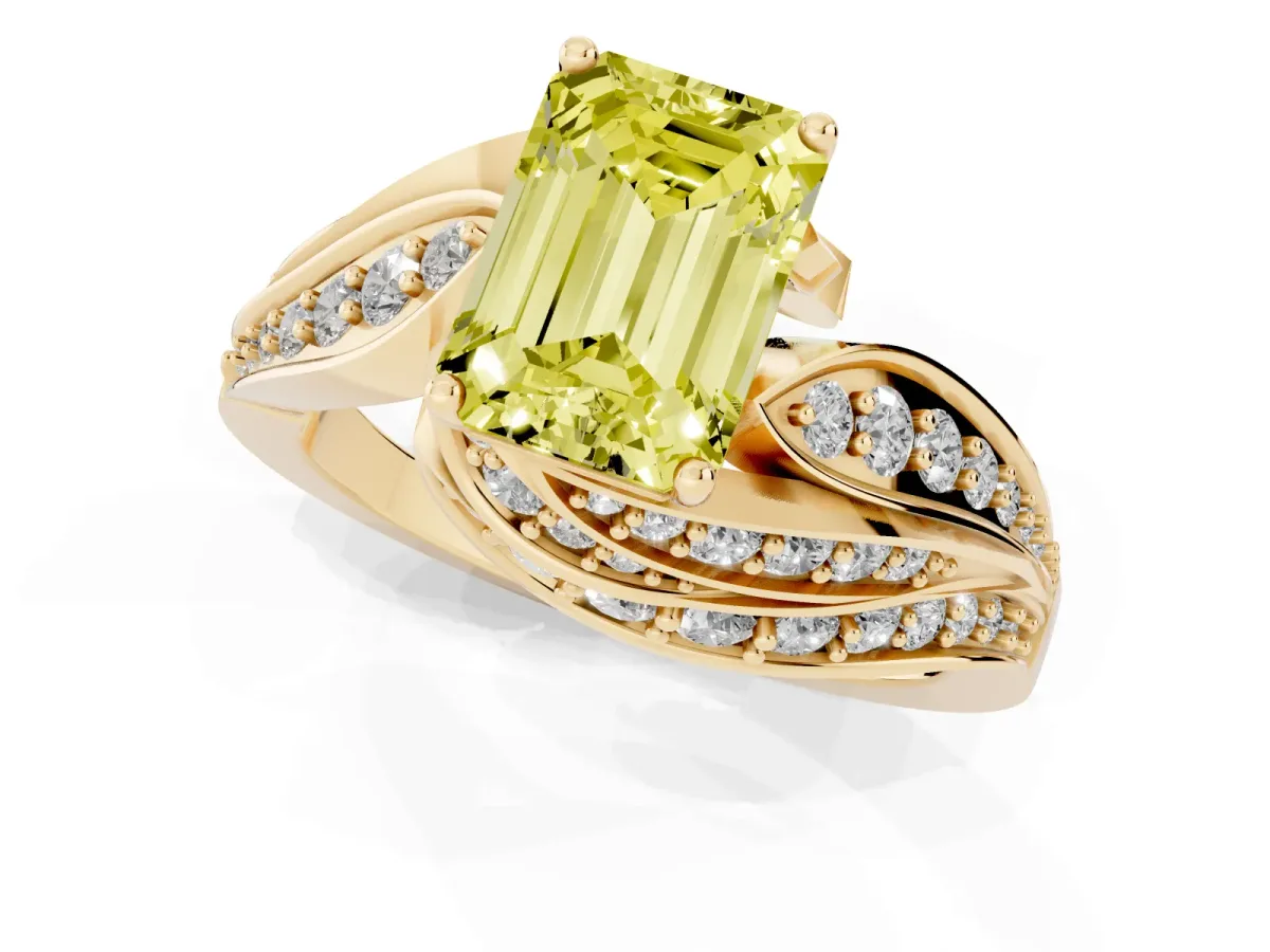 Fancy Yellow Emerald Cut Diamond Solitaire Ring with Prong Setting and Twisted Pavé Band Yellow gold