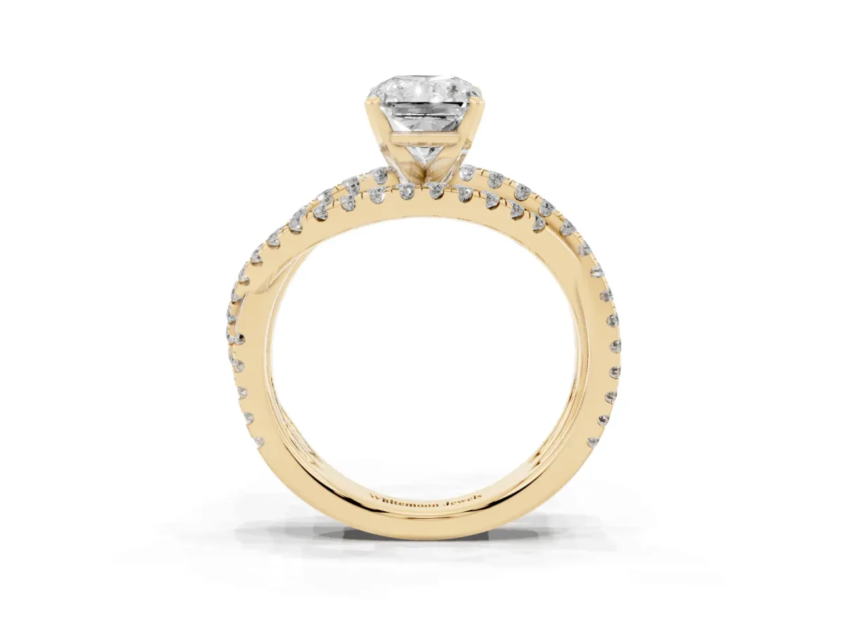 Radiant Cut Solitaire Twist Band with Pavé Setting and Four-Prong Setting Yellow gold