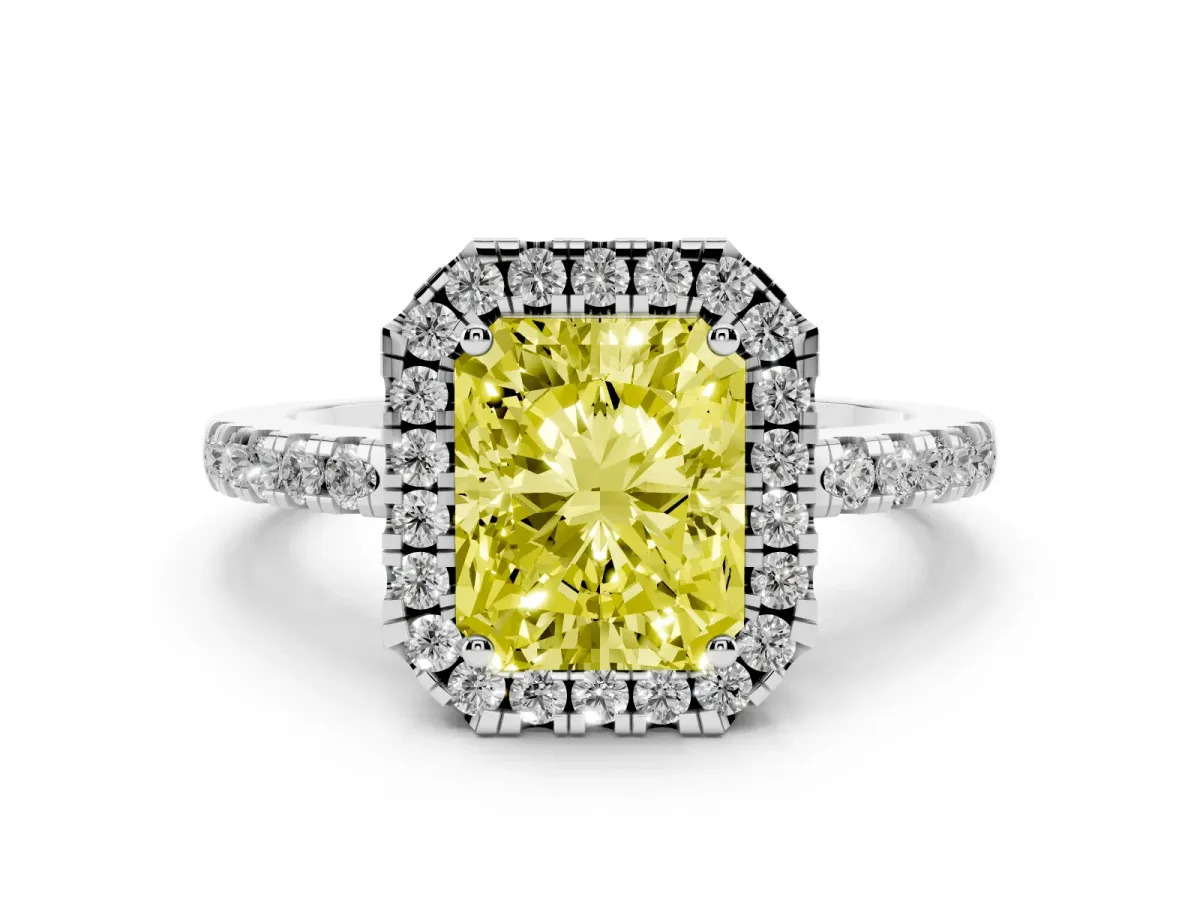 Fancy Yellow Radiant Cut Halo Diamond Engagement Ring with Pavé Band and Four-Prong Setting White gold