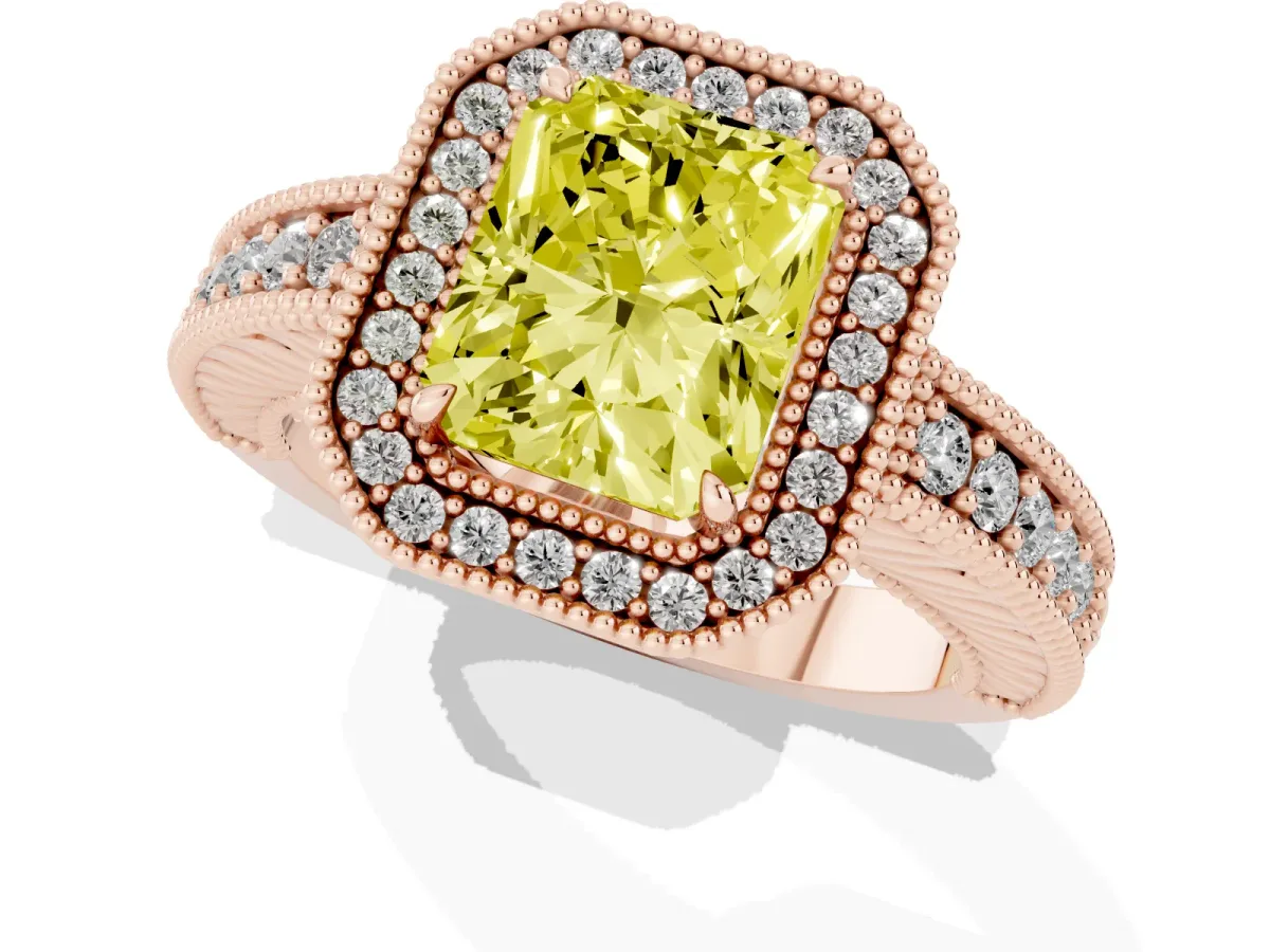 Fancy Yellow Radiant Cut Cut Halo Diamond Ring with Pavé Band and Four-Prong Setting Rose gold