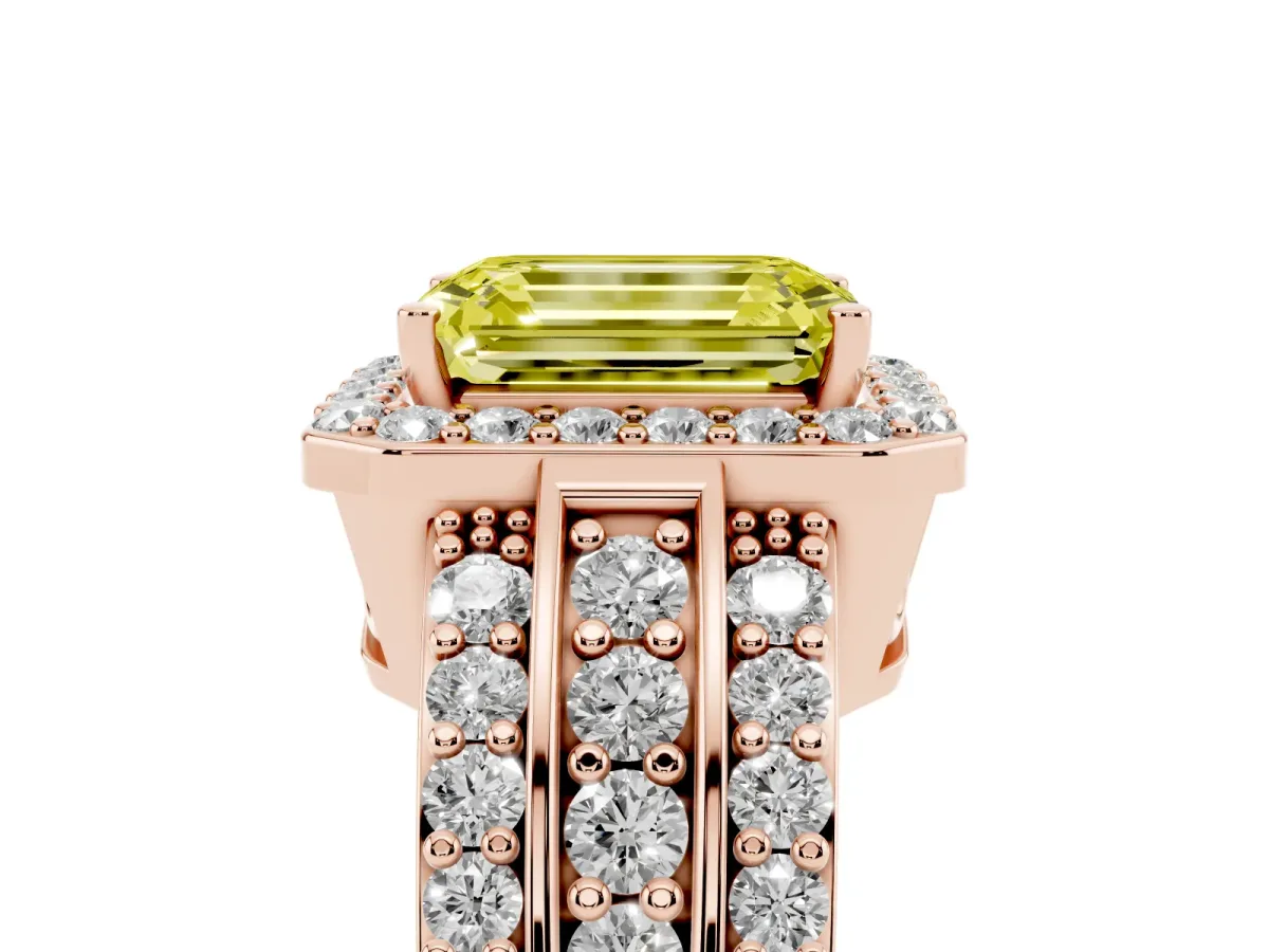 Fancy Yellow Emerald Cut Halo Diamond Ring with Round Split Shank and Prong Setting Rose gold