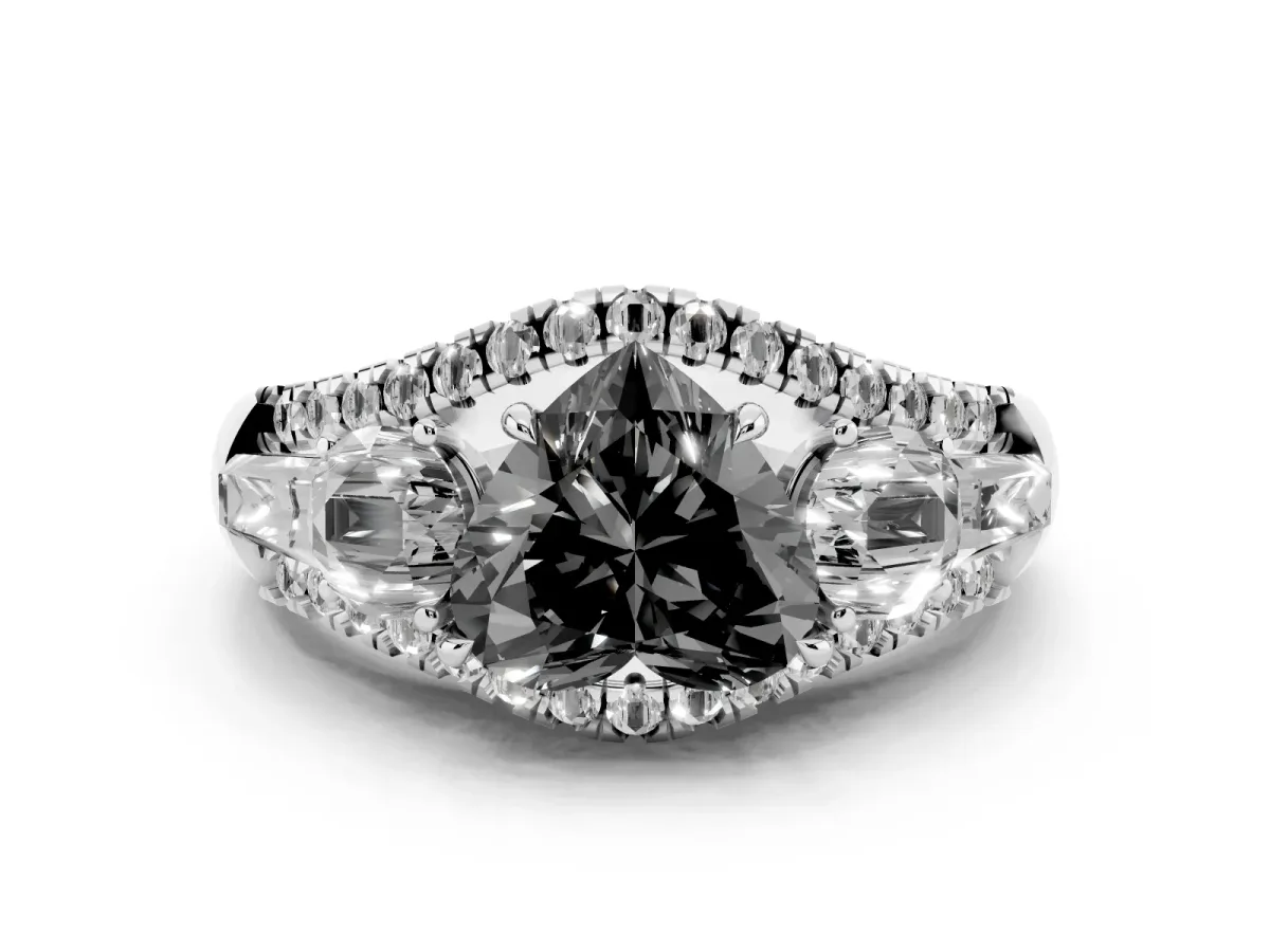 Fancy Black Three-Stone Heart Cut Diamond Engagement Ring with Pave Band and Prong Setting Silver