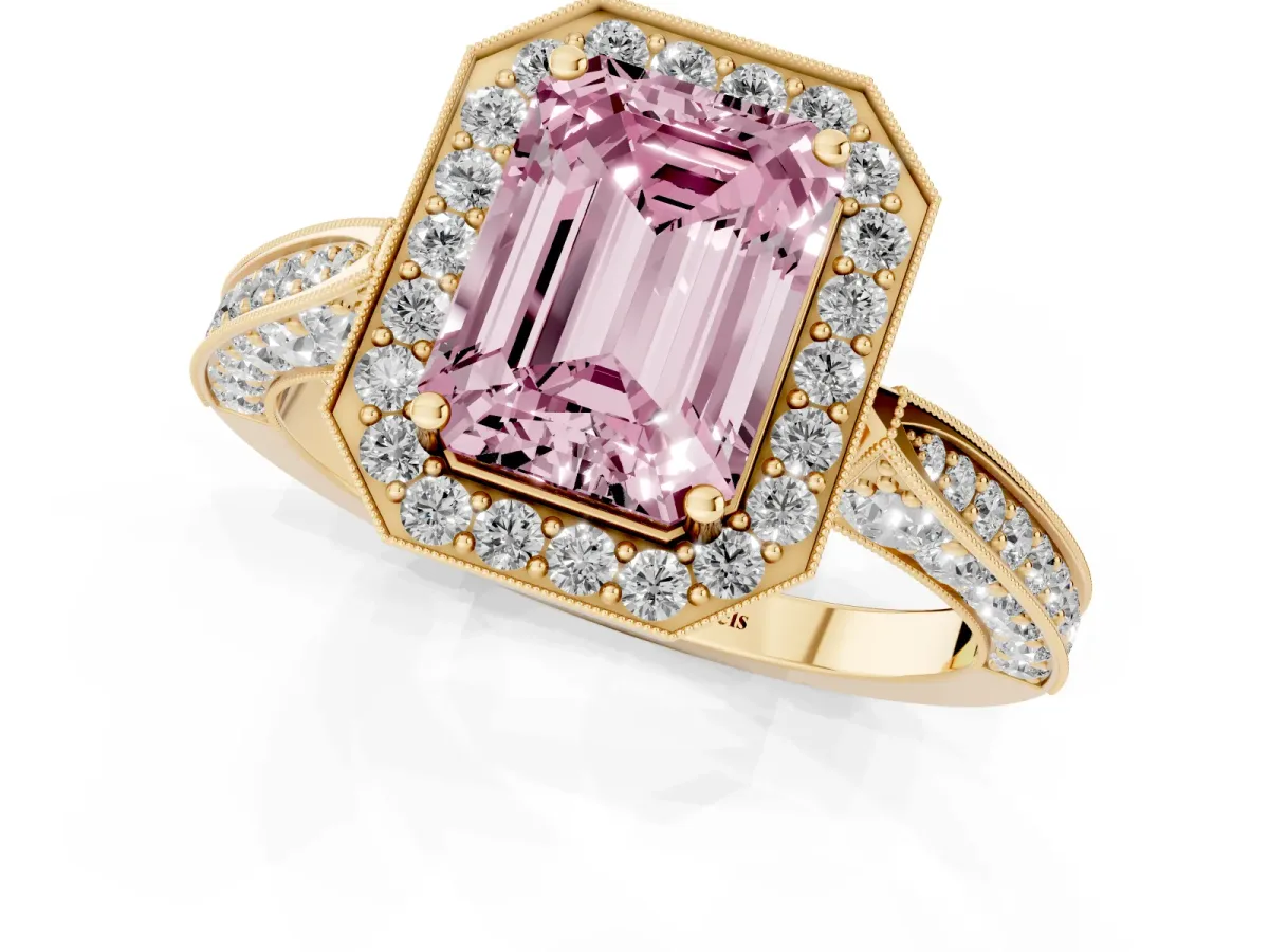 Fancy Pink Emerald Cut Halo Diamond Engagement Ring with Split Shank Band and Four-Prong Setting Yellow gold