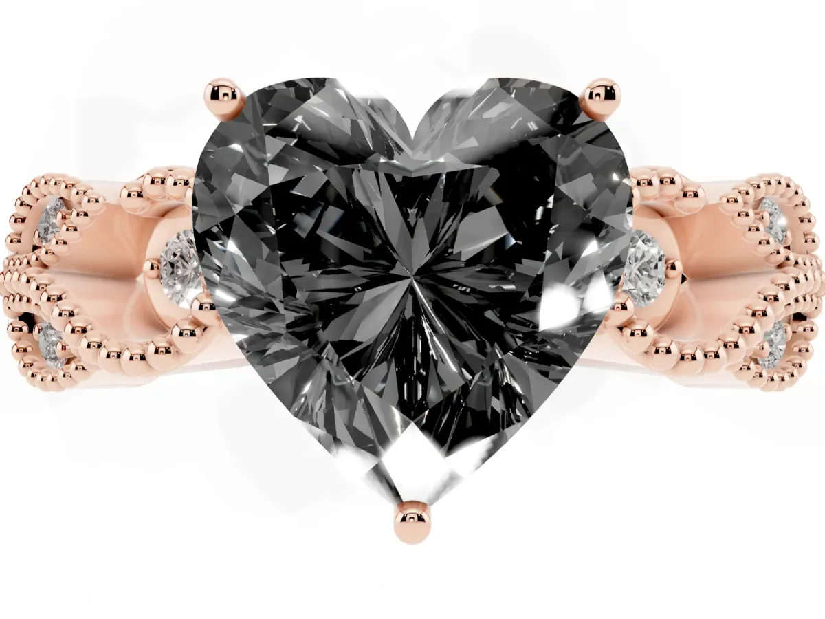 Fancy Black Heart Cut Solitaire Milgrain Leaf Band with Prong Setting Rose gold