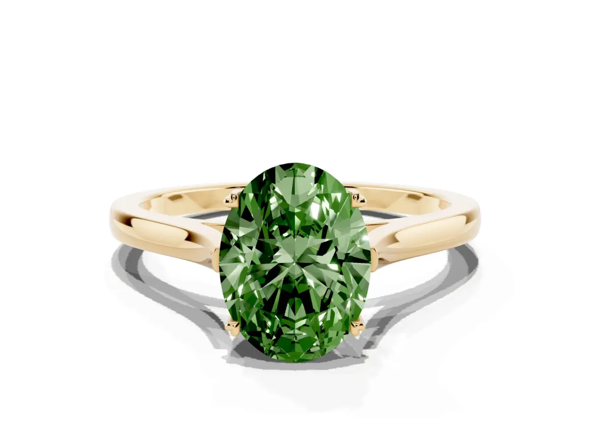 Fancy Green Oval Cut Solitaire Heart Prong Engagement Ring with Tapered Band Yellow gold
