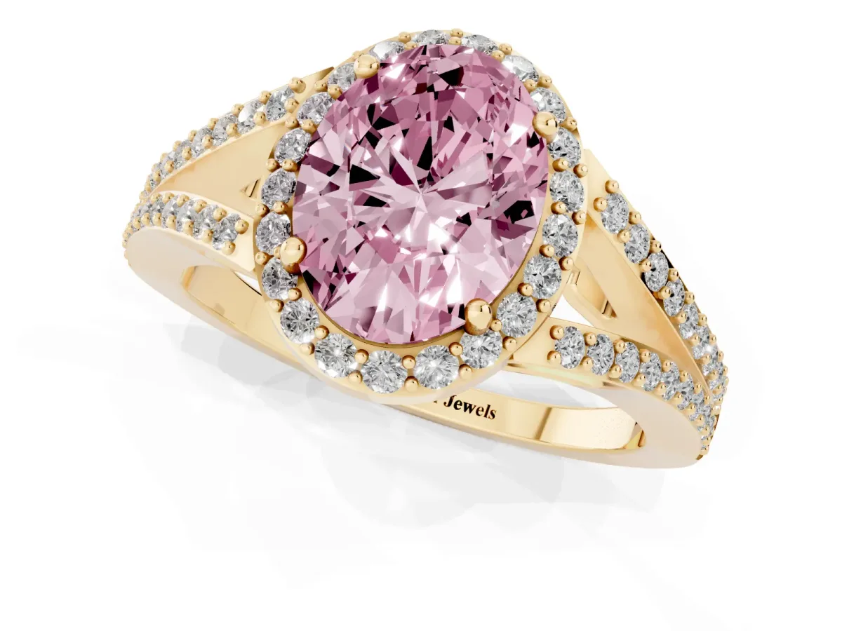 Fancy Pink Oval Cut Halo Split Shank Diamond Ring with Prong Setting Yellow gold