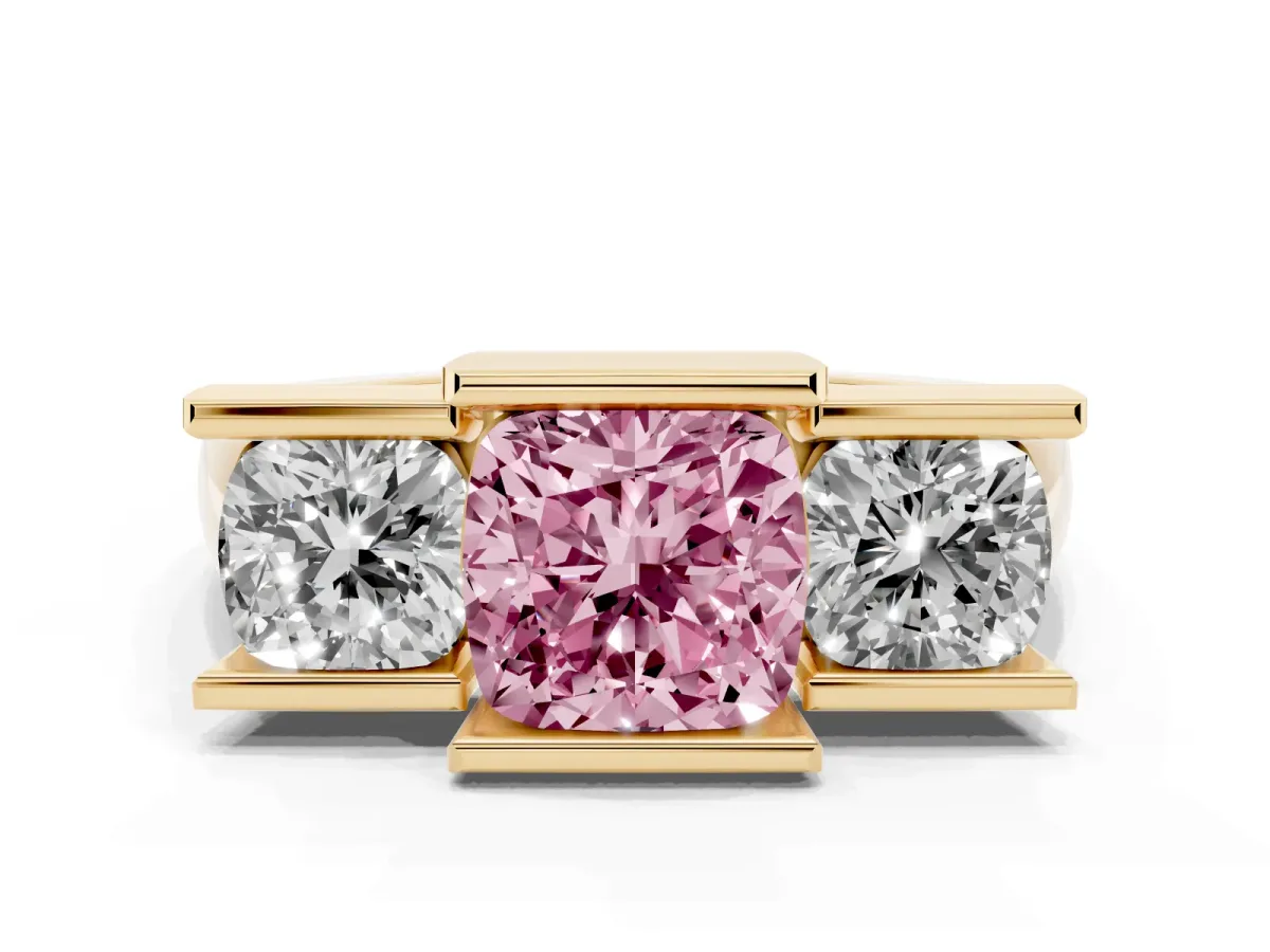 Fancy Pink Three Stone Cushion Cut Cut Channel Set Diamond Ring Yellow gold