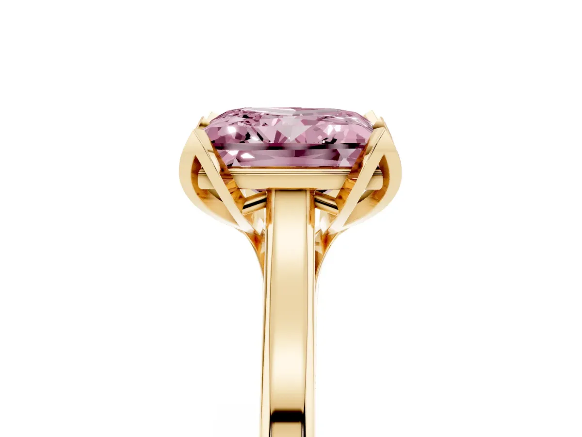 Fancy Pink Princess Cut Diamond Solitaire Ring with Flower Prong Setting and Classic Band Yellow gold